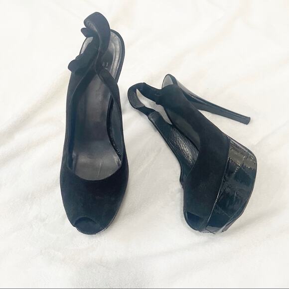 Stuart Weitzman black suede peep toe pumps high heels bow size 9.5 - Picture 4 of 9